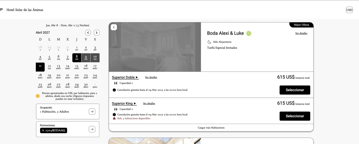 The booking site opened to the Boda Alexi and Luke guest rate for April 2027