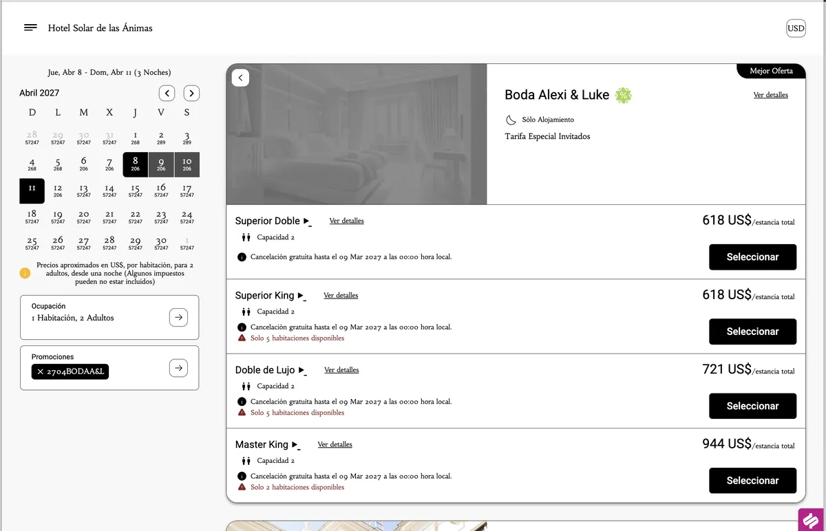 Room options under the Boda Alexi and Luke guest rate