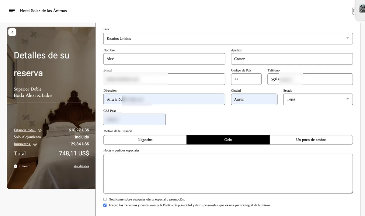 Filling in guest details, choosing Ocio, and accepting the terms